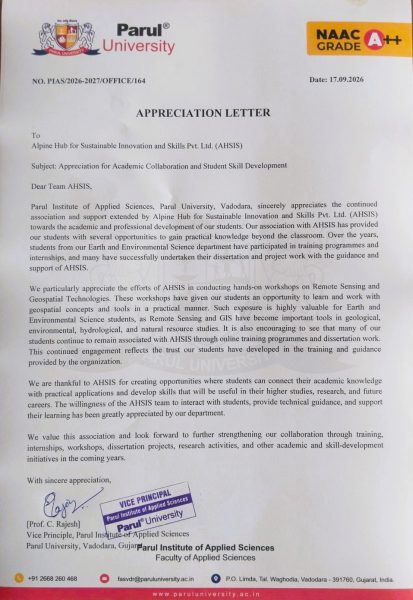 Appreciation letter from Parul University recognizing AHSIS